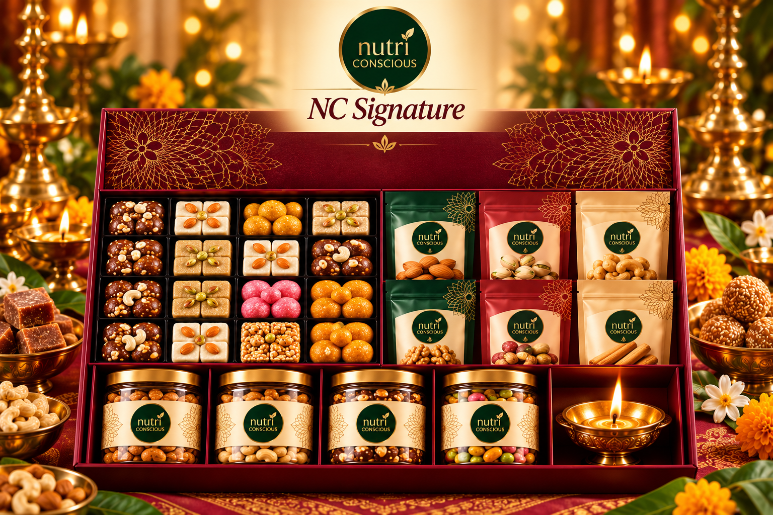 NC Signature Diwali hamper with sweets, kaarams, dry fruits and traditional diya