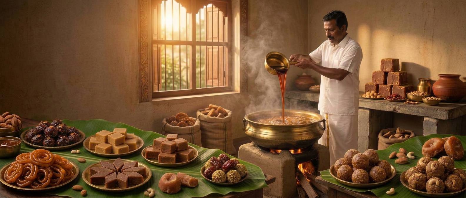 A traditional sweet maker pouring karupatti syrup while halwa, laddus, burfi, jangiri and athirasam are displayed