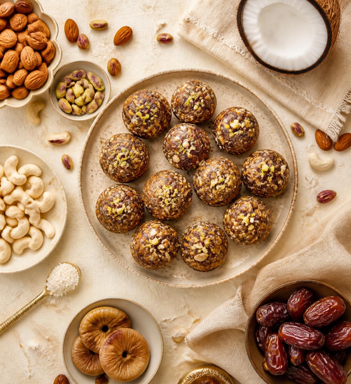 Overhead flat lay of date and nut ladoos with almonds, cashews, figs and coconut