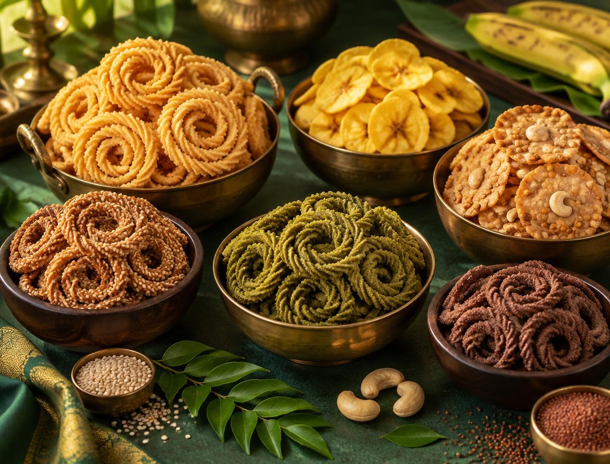 A festive collage of murukku, banana chips, cashew thattai and other traditional karam snacks