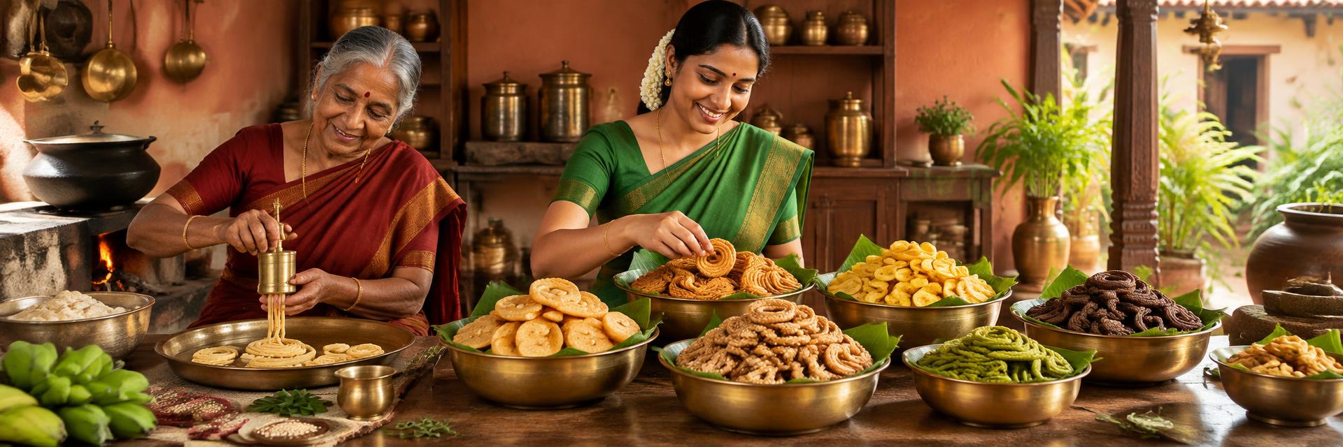 Two generations making traditional murukku and karam snacks together in a heritage kitchen